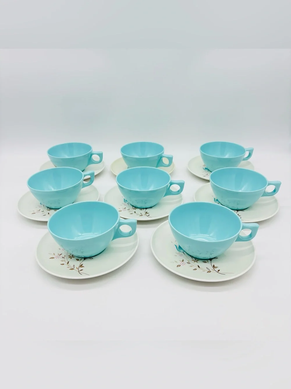 Vintage Lenox Ware Aqua Melamine Tea Cup Saucer Set 8 Floral Mid Century MCM USA